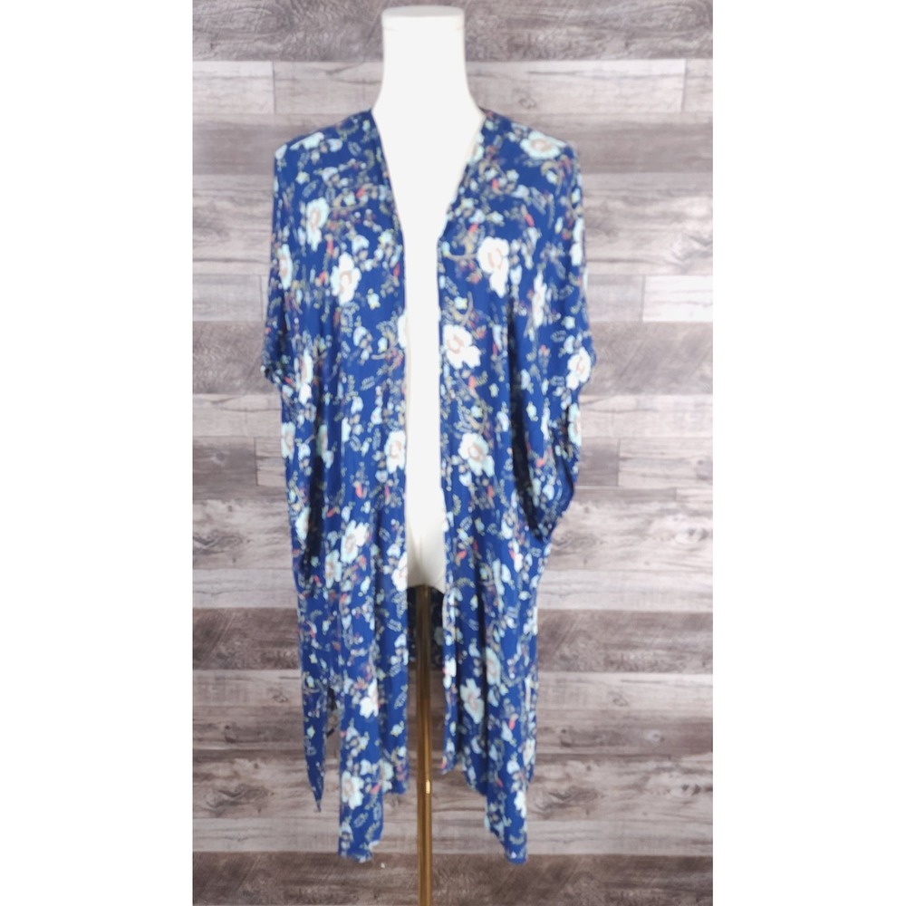 Patrons of Peace Blue Floral Kimono Wrap Cardigan Small Rayon Boho Layering